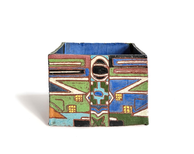 Hand-built Ceramic Box with Incised Art Deco & Cross-Cultural Designs