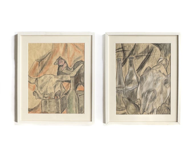 Pair of Vintage Charcoal Still Life Drawings – Animal Skull & Bottles