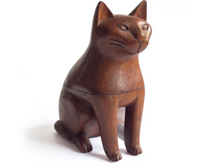 Unique Folk Carved Cat Sculpture with Hidden Compartment. Mahogany.