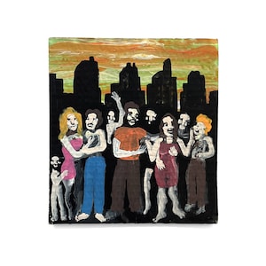 Pintura original de paisagem urbana Outsider Art em papelão