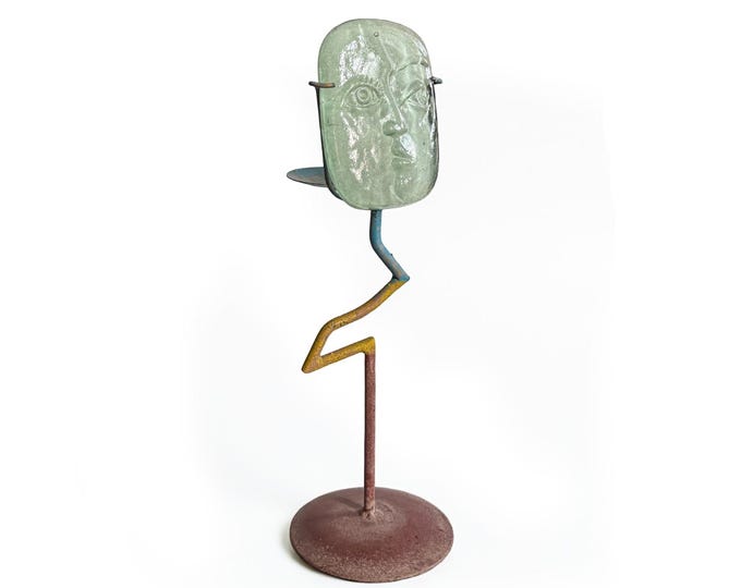 Vintage Cubist Style Candleholder – Cast Glass Face with Metal Base