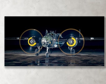 Large Wall Art "Night Mitchell " Aviation Aircraft Radial Engine Propeller WWII Bomber B-25 Airplane Aircraft photo canvas metal panorama