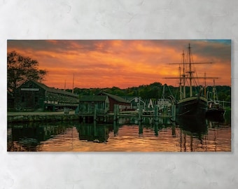 Large Wall Art Mystic Seaport Wharf Pier Harbor Lighthouse Whale Ship mastiff Clipper Lobster boat sunset original Artwork Metal Canvas