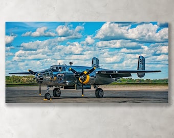 Large Wall Art "Ready & Waiting " Aviation Aircraft Radial Engine Propeller WWII Bomber B-25 Airplane Aircraft photo canvas metal panorama