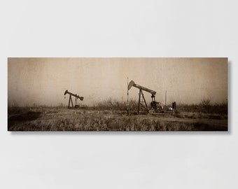 Large Wall Art "Texas Tea" Oil Pump Field Snyder West Texas vintage nostalgic nostalgia sepia toned Panorama Print Canvas & Metal Options!