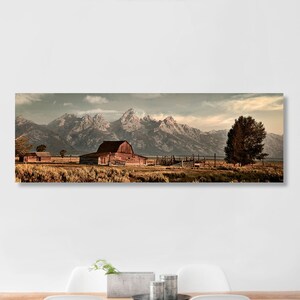 Large Wall Art &quot;Wyoming Frontier&quot; John Moulton Barn Grand Tetons Jackson Hole Panorama Rustic Western Mountain Fine Art Print Canvas & Metal