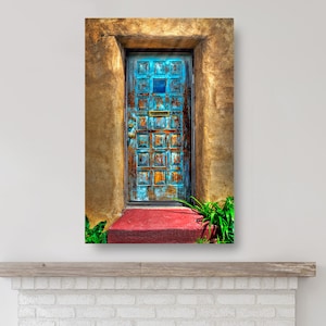 Large Wall Art &quot;Blue Santa Fe Door&quot; Nostalgic Santa Fe NM Vintage blue wood door iron handle latch rust patina Fine Art Canvas & Metal Print