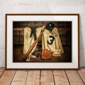 May include: A vintage baseball uniform with a number "3" and the name "Ruth" on the back, a baseball bat, a baseball glove, and a baseball cap in a locker room setting.