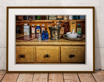 Pharmacist Work Station Vintage Antique Medicine Pharmacy Pharmaceutical Apothecary Medicine Medical Bottle Print Canvas Metal Options