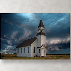 Western Kansas White Wood Sided Church Dramatic Sky Clouds Storm Fine Art Print Canvas Framed & Metal Option Large Wall Art Farmhouse Decor