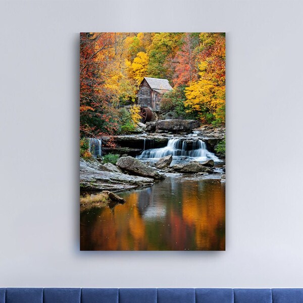 Large Wall Art "Reflection of Autumn" Glade Creek Grist Mill West Virginia Mountain rustic building fall color Fine Art Print Metal & Canvas