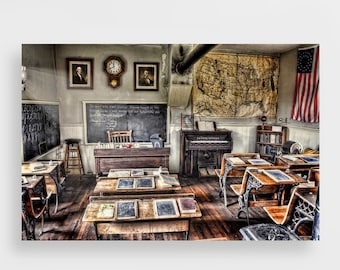 schoolhouse desks Large Wall Art "Classroom Recess" Vintage Antique elementary School desk school room supplies books chalk board US map Print Canvas & Metal