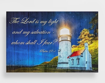 Psalm 27:1 Scripture Wall Art Picture Lighthouse Ocean Sea Christian Theme Religious Large Fine Art Print Canvas Framed & Metal Options
