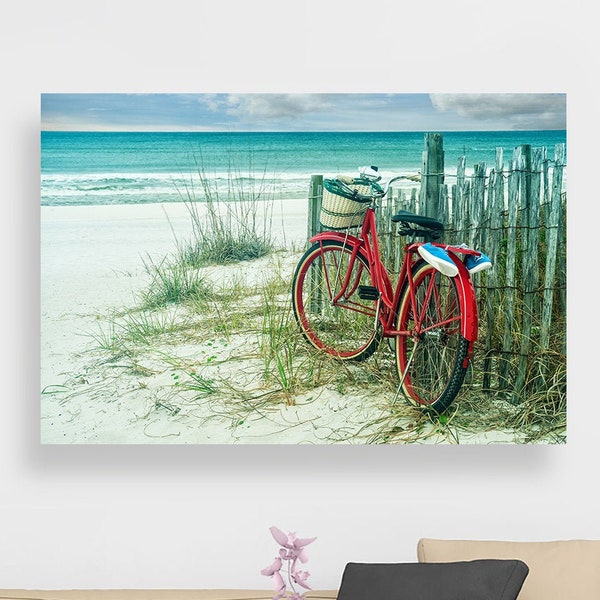 Large Wall Art "Summer Breeze" Red Beach Cruiser White Sand Ocean Sea Antique Vintage Bicycle Fine Art Print Canvas Framed & Metal Options