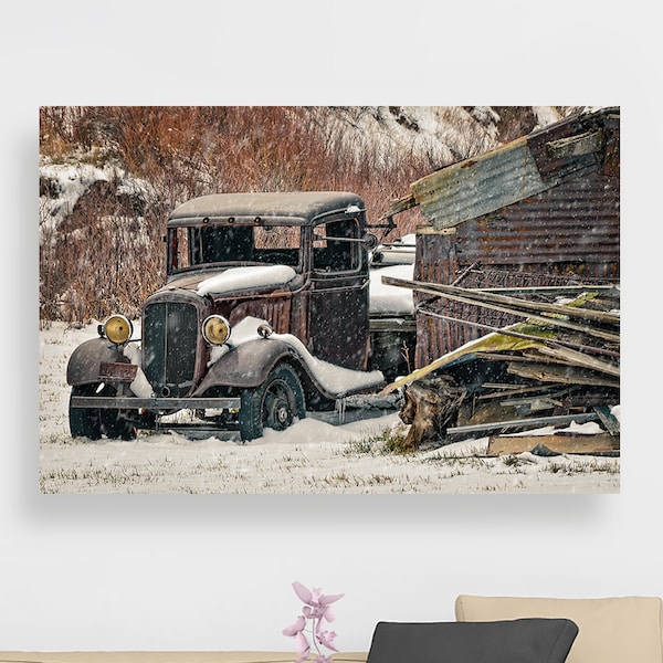 Title - "Snow Shed" Vintage rust color Retro Chevrolet Chevy 1930's era Pickup Truck patina rust Insignia Fine Art Print Metal Canvas Frame