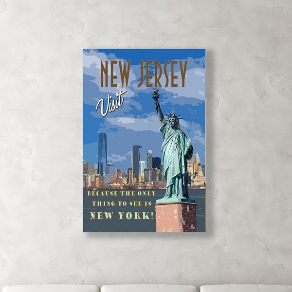 Large Wall Art Fun New Jersey New York City Statue of Liberty skyline Travel Poster Funny Vintage Retro Deco Print canvas metal Home Decor