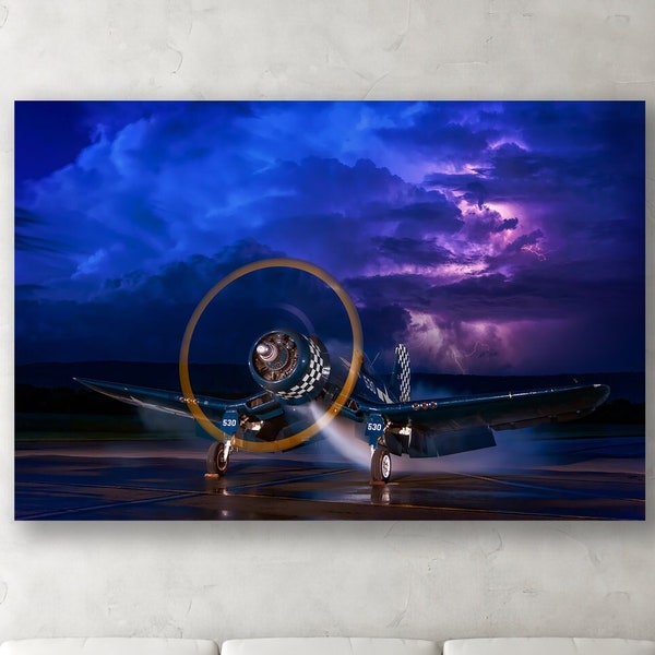 Large Wall Art - WWII Navy Marine F4u Corsair fighter plane aviation aircraft vintage propeller Fine Art Print Metal Canvas Frame Options