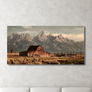 Large Wall Art &quot;Wyoming Frontier&quot; John Moulton Barn Grand Tetons Jackson Hole Panorama Rustic Western Mountain Print Canvas & Metal Options