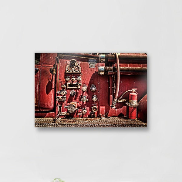 Title - "Fire Truck Valves" Antique Vintage Retro GMC 1960's era Fire Truck patina rust Insignia Fine Art Print Metal Canvas Frame Options!