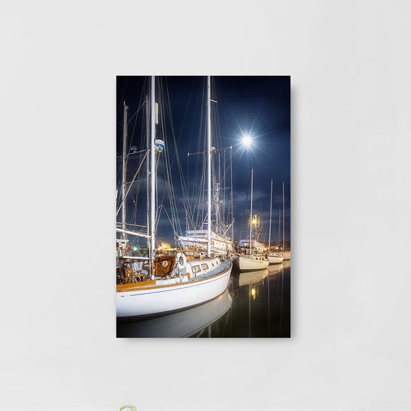 Title - "Moonrise Harbor" Masted Sailing Ship Yacht Oregon Coast Ocean Sea Vessel Fine Art Photo Canvas and Metal Print Options