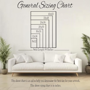 May include: A white sofa with pillows is positioned below a sizing chart. The chart displays rectangular sizes: 8x12, 12x18, 16x24, 20x30, 24x36, 32x48, and 40x60 inches. The text "General Sizing Chart" is at the top.