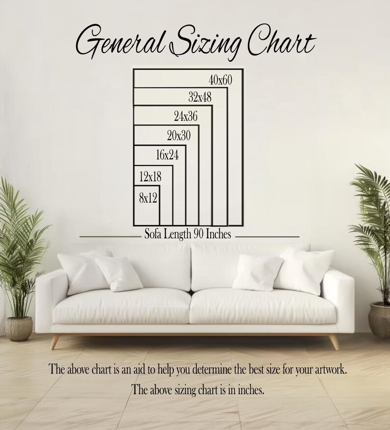 May include: A white sofa with pillows is positioned below a sizing chart. The chart displays rectangular sizes: 8x12, 12x18, 16x24, 20x30, 24x36, 32x48, and 40x60 inches. The text "General Sizing Chart" is at the top.