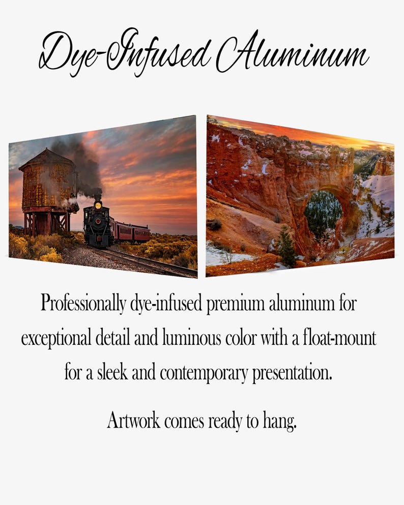 May include: Two dye-infused aluminum artworks. One features a steam train near a water tower at sunset. The other depicts a canyon landscape at sunset. Text reads "Dye-Infused Aluminum" and "Artwork comes ready to hang."