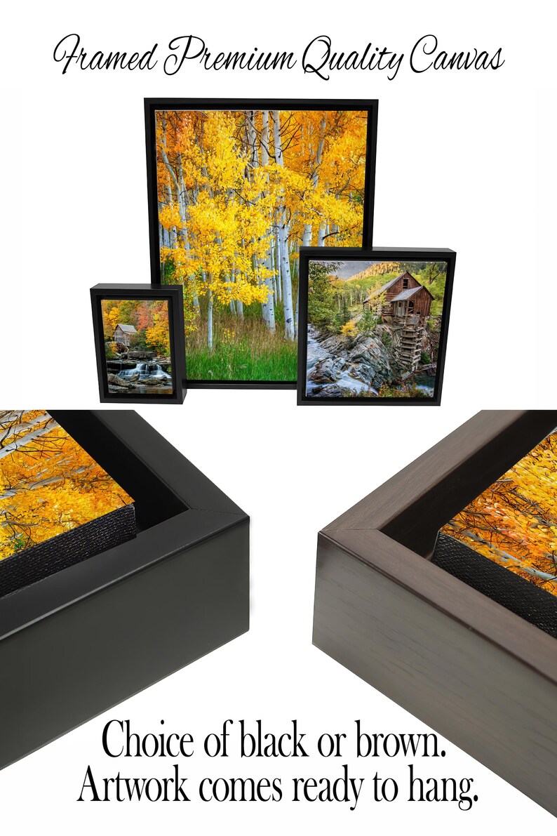 May include: Framed canvas art prints featuring scenic landscapes. The images showcase vibrant autumn foliage and a rustic cabin. Available in black or brown frames. The text reads "Framed Premium Quality Canvas" and "Artwork comes ready to hang."