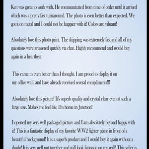 May include: A blue gradient background with the text "What My Customers Say" and five red stars. Customer reviews praise the product's quality, vibrant colors, and fast turnaround. The reviews mention a photo print and a WW2 fighter plane.