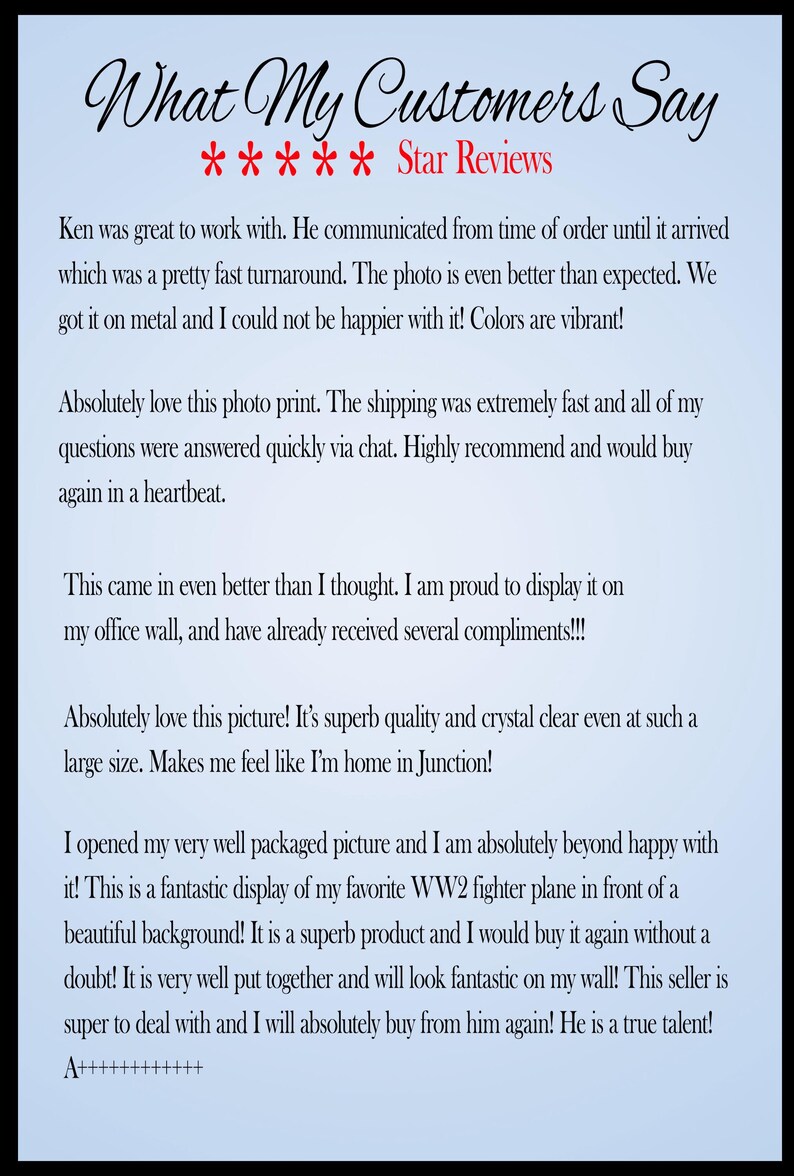 May include: A blue gradient background with the text "What My Customers Say" and five red stars. Customer reviews praise the product's quality, vibrant colors, and fast turnaround. The reviews mention a photo print and a WW2 fighter plane.