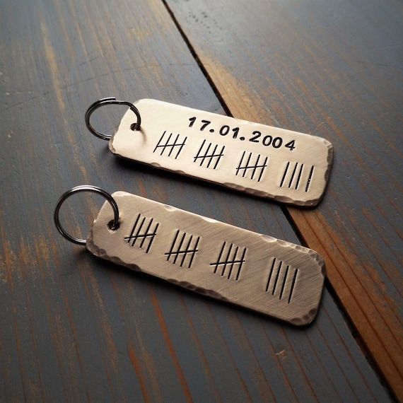 Handmade Bronze 19th Anniversary Keyring: Tally Mark Husband Wife Gift