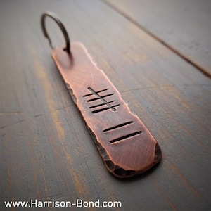 May include: A copper keychain with a hammered finish and a Roman numeral inscription. The keychain has a silver ring.