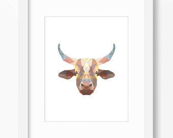 Cow Print, Cow Art, Bull Wall Art, Geometric Cow Print, Bull Wall Print, Origami Cow Print, Cow Face, Geometric Cow Art, Triangle Cow Art