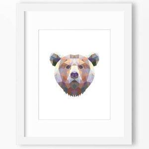 May include: A geometric bear head illustration with a white background. The bear is made up of colorful triangles in shades of brown, orange, yellow, purple, and blue.