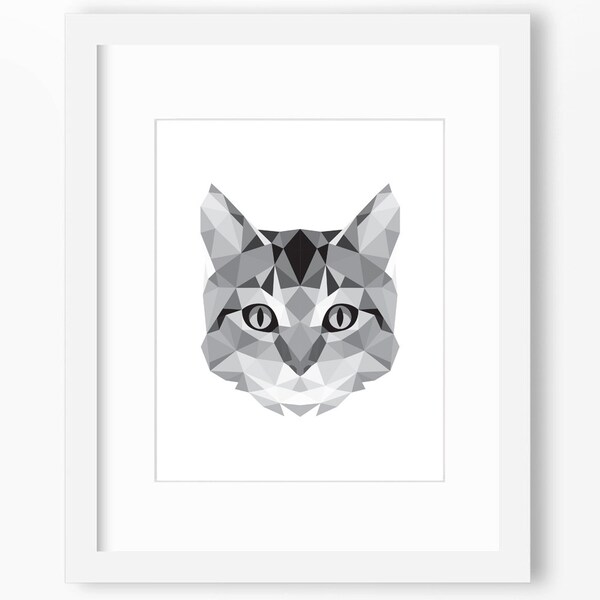 Impresión de gato, arte de gato, arte de pared de gato, impresión geométrica de gato, impresión de pared de gato, impresión de gato de origami, cara de gato, arte geométrico de gato, arte de gato triangular, gato