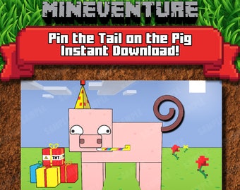 Mineventure Pin the tail on the Pig v2 - Printable Party Game  - Instant Download
