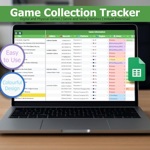 May include: A laptop screen shows a "Game Collection Tracker" spreadsheet, detailing digital and physical games with genre and value statistics. The design is colourful, with a green spreadsheet icon and the text "Easy to Use."