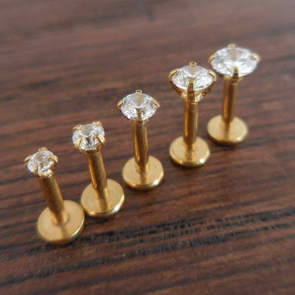 16G 6mm 1/4" 2-4mm Clear Cubic Zirconia Triple Forward Helix Cartilage Labret Golden Internally Threaded Tragus Stud Jewelry Prong Set