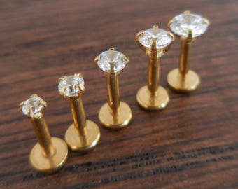 16G 6mm 1/4" 2-4mm Crystal Clear Cubic Zirconia Triple Forward Helix Cartilage Labret Golden Internally Threaded Tragus Stud