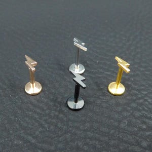 Petite Lightning Bolt Stud Earring Stud Earrings, Threadless Push Pin Style Gold Tone Nose Ring, 16G, 18G, 20G, Silver Black Cartilage Rings