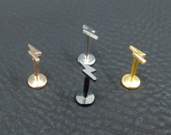 Petite Lightning Bolt Stud Earring Stud Earrings, Threadless Push Pin Style Gold Tone Nose Ring, 16G, 18G, 20G, Silver Black Cartilage Rings