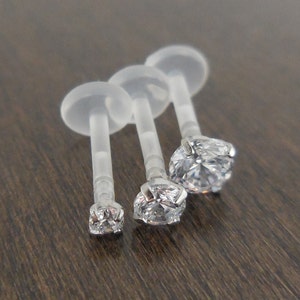 16G 6mm, 8mm Prong Set Clear CZ Triple Forward Helix BioFlex BioPlast Earring Cartilage Tragus Medusa Monroe Lip Rings Flatback Threadless image 1