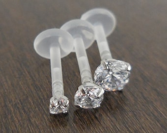 16G 6 mm, 8 mm Juego de puntas Clear CZ Triple Hélice delantera BioFlex BioPlast Pendiente Cartílago Tragus Medusa Monroe Anillos de labios Espalda plana sin rosca