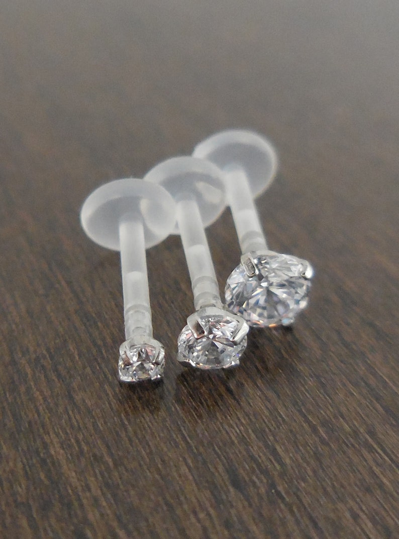 16G 6mm, 8mm Prong Set Clear CZ Triple Forward Helix BioFlex BioPlast Earring Cartilage Tragus Medusa Monroe Lip Rings Flatback Threadless image 1