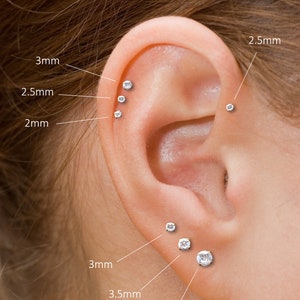 K&ouml;nnte beinhalten: Nahaufnahme eines Ohrs mit mehreren kleinen, runden, durchsichtigen Ohrsteckern. Gr&ouml;&szlig;en sind angegeben: 2 mm, 2,5 mm, 3 mm, 3,5 mm und 4 mm. Das Ohr vor unscharfem Hintergrund.