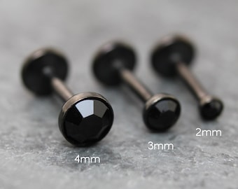 Tiny Black Crystal Threadless Flat Back Earring - Tragus Piercing Stud - Labret Stud Earring Stack - Helix Earring - Bezel Set Nose Ring