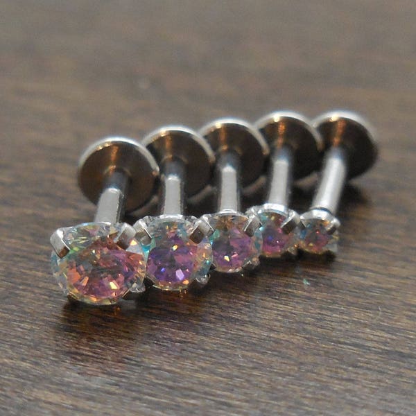 16G Rainbow AB Crystal Triple Forward Internally Threaded 6mm 1/4" Helix Earrings Cartilage Labret Stainless Steel Tragus