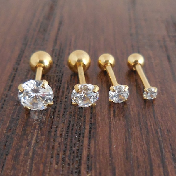 Triple Forward Helix Gold Tone Clear Prong Set Cubic Zirconia 18G 1/4" 2-5mm Ball Back Ear Cartilage Earrings