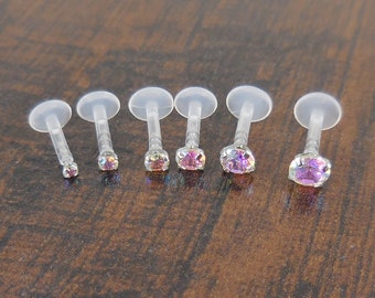 16G 6, 8, 10mm Prong Set 1.5-4mm AB Crystal Triple Forward Helix BioFlex Flat Back Earrings Stud Cartilage Tragus Aurora Borealis Rings