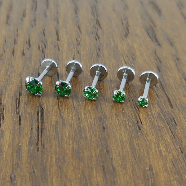Surgical Steel Nose Stud Internally Threaded Cartilage Nose Ring Triple Helix 18G 2-4mm Prong Set Emerald Green CZ Silver Labret Earrings